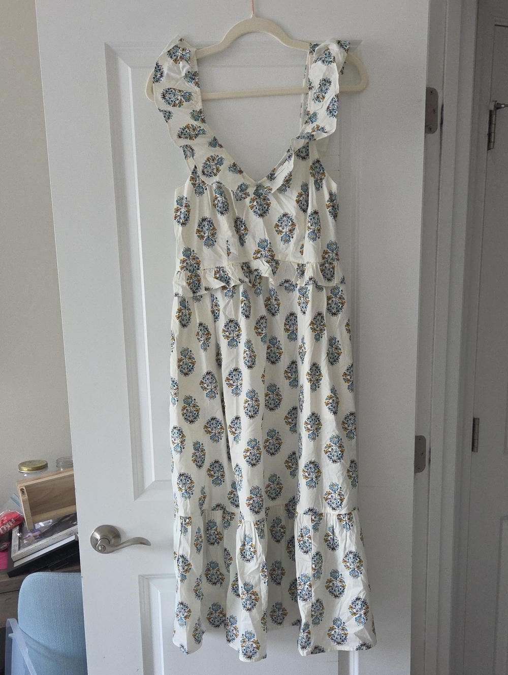 J. Crew Cream Midi Dress with Blue and Yellow Floral Print